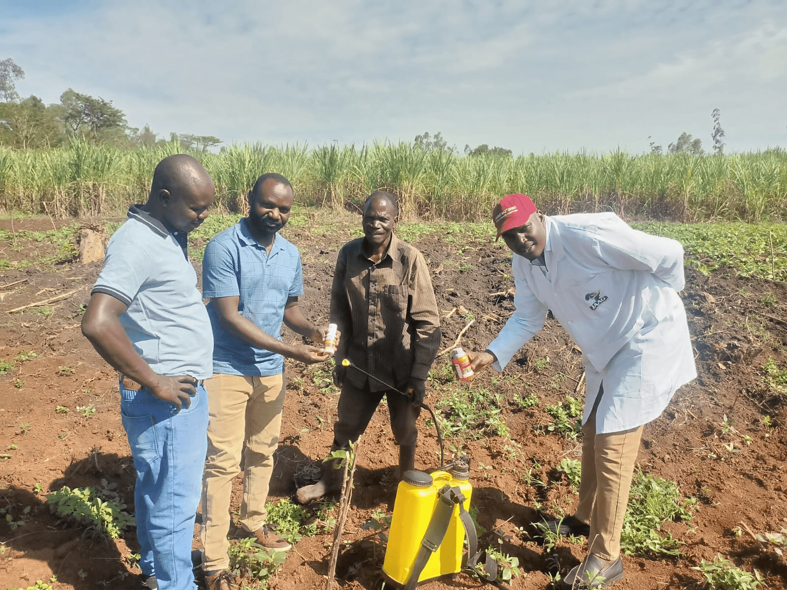JAAG team and farmers at a farm demonstration with a knapsack sprayer